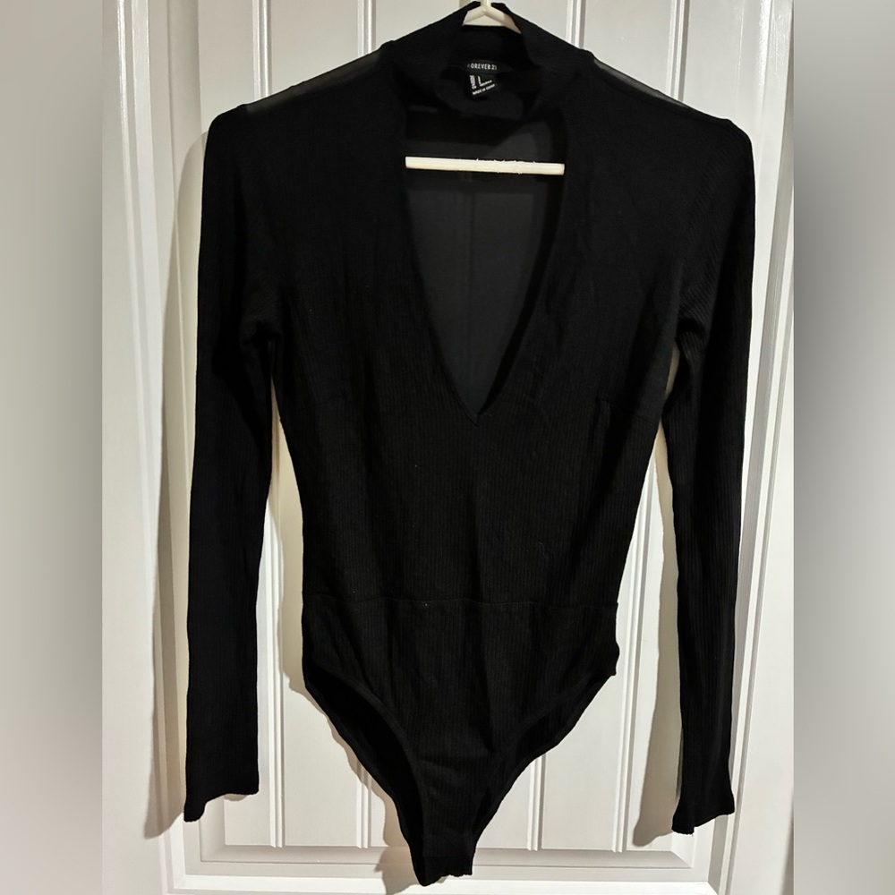 Forever 21 Turtle neck Black Deep V Neck Sheer back Bodysuit